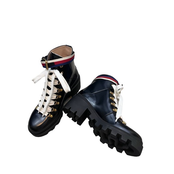 Gucci Magnum Calf Web Sylvie Lace Up black Boots US 8 - Picture 2 of 13